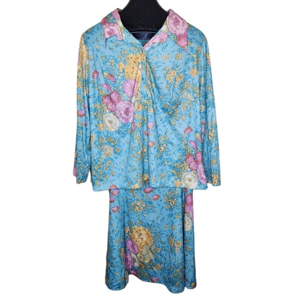Vintage 70s Lane Bryant 2 Pce Skirt Blouse Shirt Set Womens 2XL Blue Floral Poly